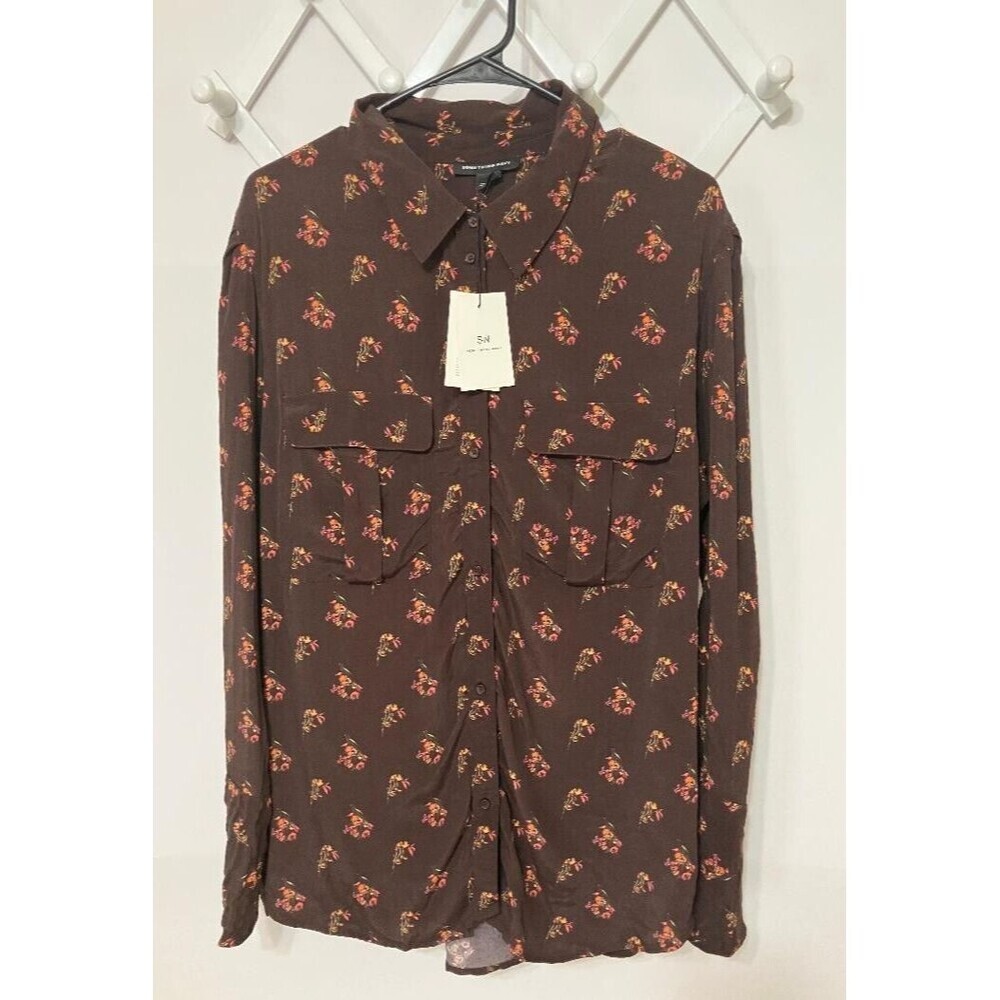 NWT Something Navy Woman's Top Brown Ganache Floral Long Sleeve  Charnas Size 1